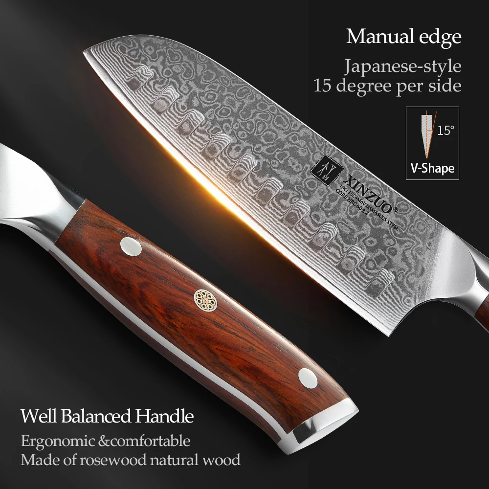 XINZUO 7-инчов Японски Нож на Главния готвач, Китайски Дамасский Кухненски Нож От Неръждаема Стомана, Професионални Ножове Сантоку с дръжка от Палисандрово дърво 3