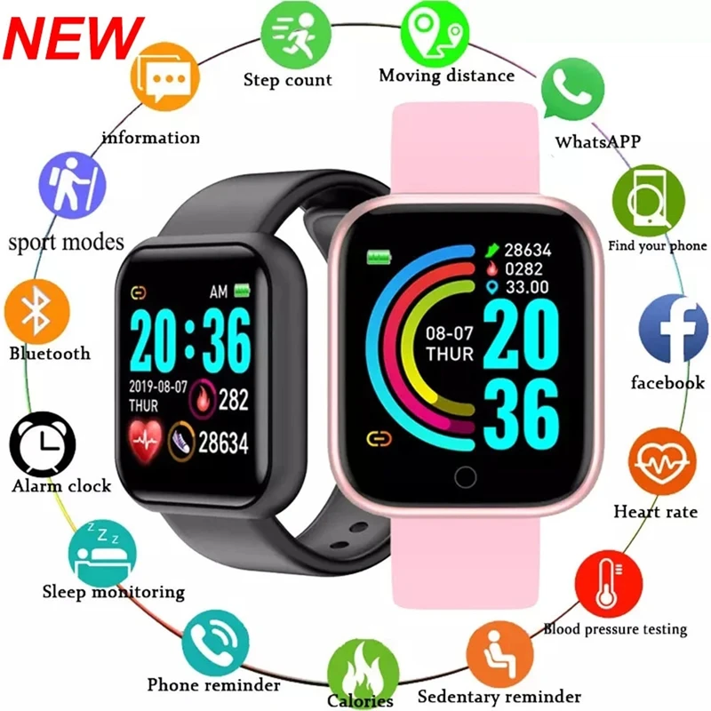 Y68 Смарт Часовници За Мъже И Жени Монитор на Сърдечната Честота Спортен Фитнес Тракер Детски Часовници Smartwatch D20 За Android и IOS Смарт Часовници