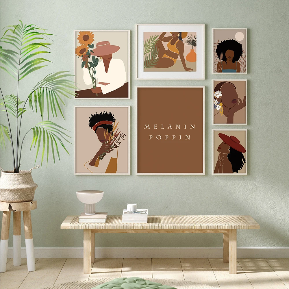 Абстрактни Африкански Жени Цвете Листата На Стенно Изкуство Платно Картина Скандинавските Черна Афро Косата Плакати И Щампи Картини Начало Декор 2