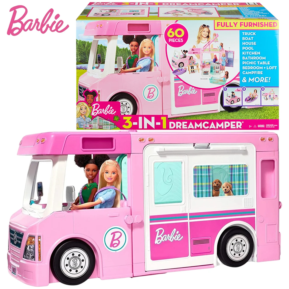Барби Мечта Къмпинг Розово Выскакивающий Каравана Игрите Комплект С Аксесоари За Басейна Супер Приключение Къмпинг Кукла Играчка момиченце Коледен подарък GHL93
