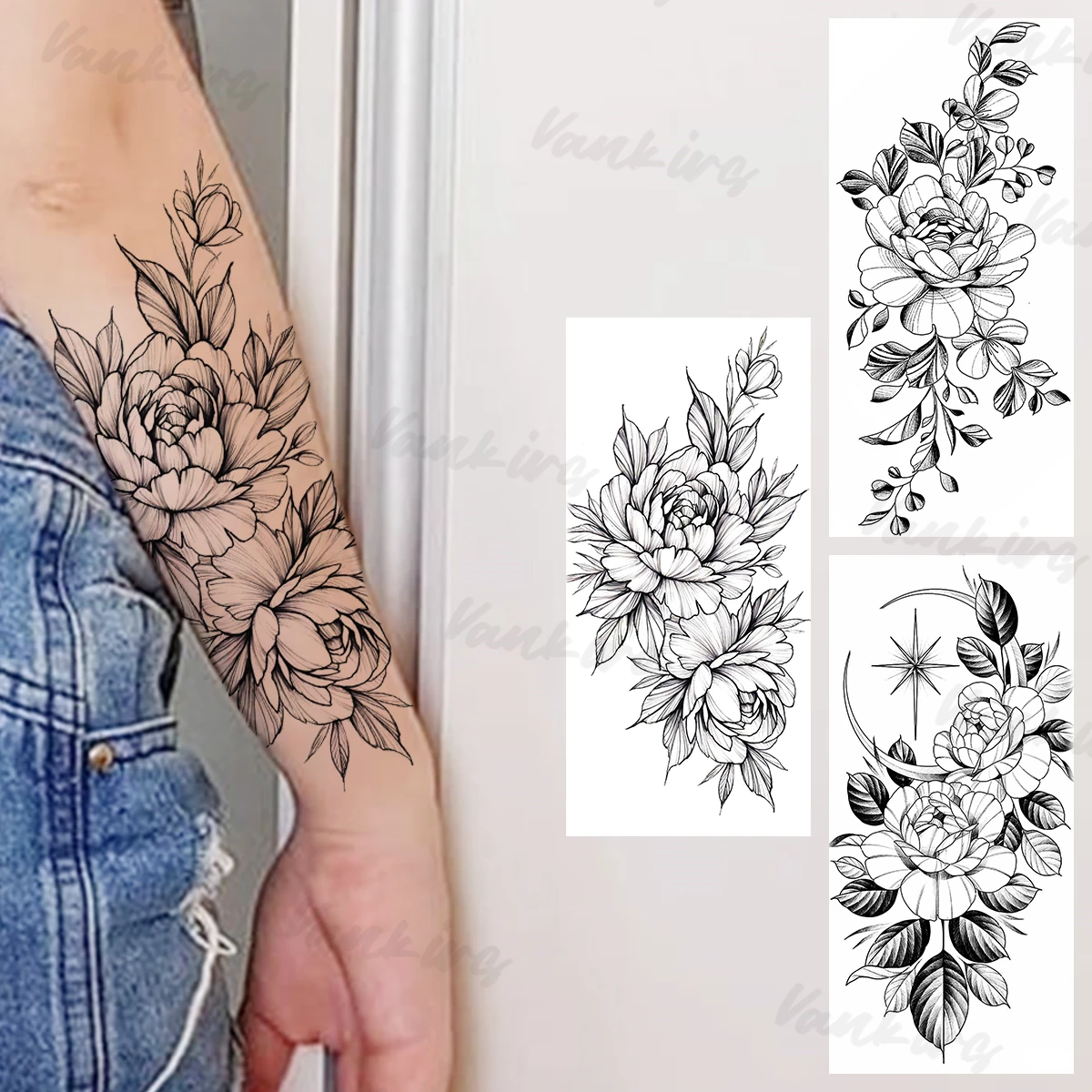 Божур Черни Временни Татуировки За Жени, Момичета Реалистична Луната Божур Розата е Цветето на Фалшиви Татуировки Стикер Секси Ръка Талията Татуировки 3D