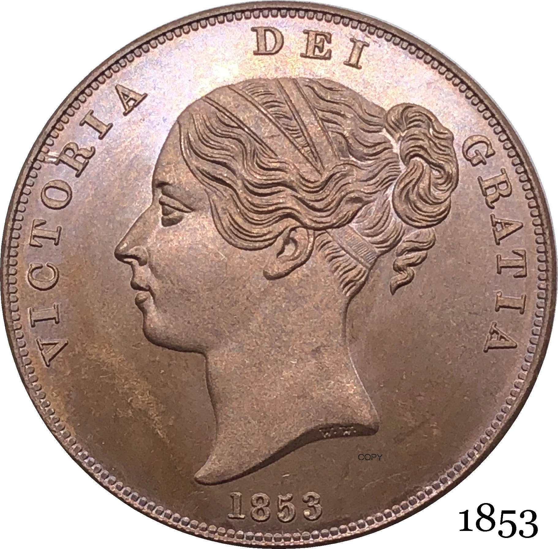 Великобритания 1853 Виктория 1 Едно Пени, Кралицата на Великобритания Копирни Монети от Мед и Червен Великобритания Бронзова Портретна Монетата с Гладък Ръб 0