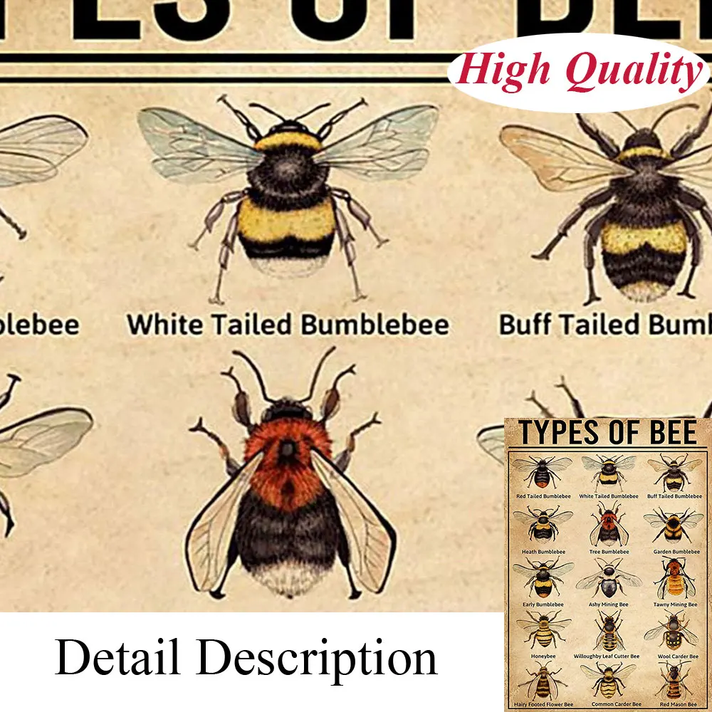 Видове Пчели Ретро Постер На Различни Пчелни Отпечатъци Върху Платно Живопис Монтиране На Картината Изкуство За Деца Кабинет И Хол Декорация На Дома 4