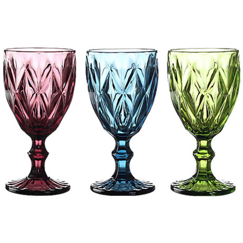 Вино Чаша Комплект от 3 Цветни Чаши 8 унции 240 мл Ретро Модел Релефен Стъклени Чаши за Парти, Сватба Син Червен Зелен Прозрачен