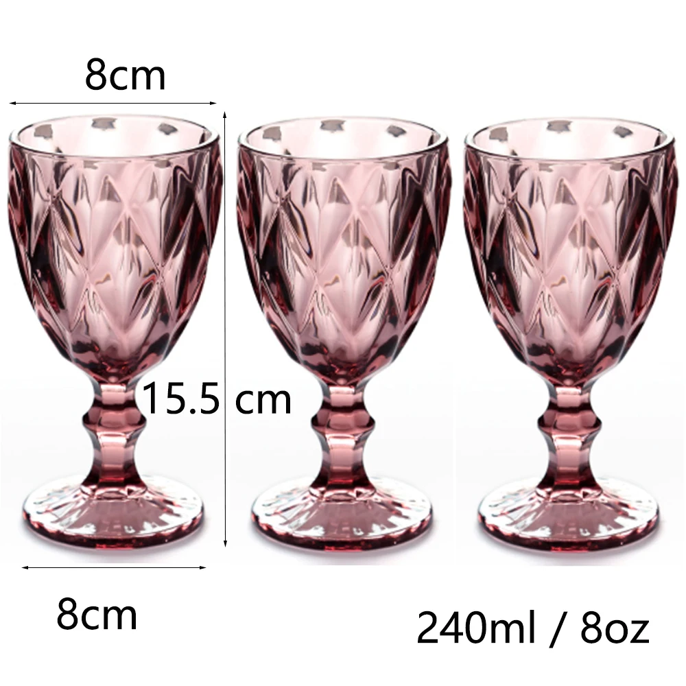 Вино Чаша Комплект от 3 Цветни Чаши 8 унции 240 мл Ретро Модел Релефен Стъклени Чаши за Парти, Сватба Син Червен Зелен Прозрачен 2