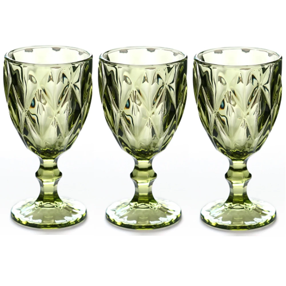 Вино Чаша Комплект от 3 Цветни Чаши 8 унции 240 мл Ретро Модел Релефен Стъклени Чаши за Парти, Сватба Син Червен Зелен Прозрачен 3