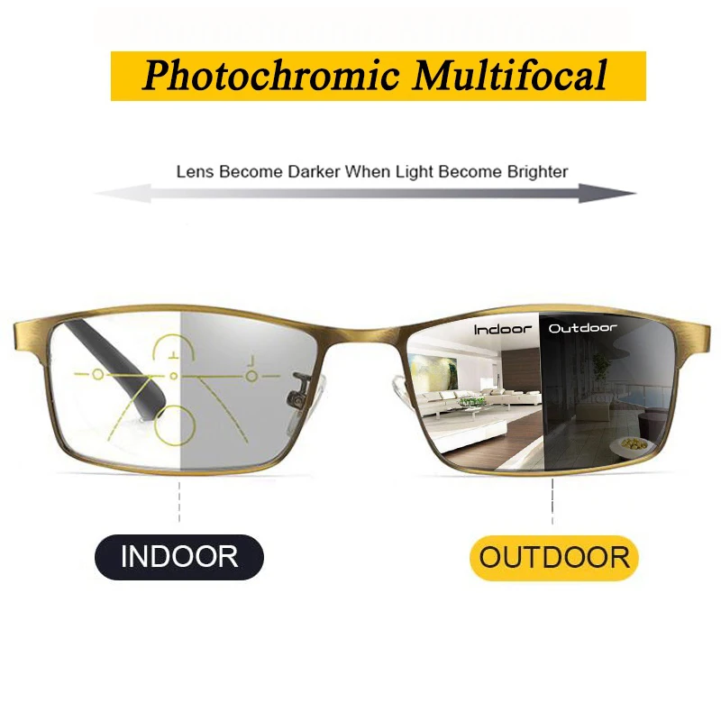 Висококачествени Фотохромичните Очила за четене, Мъжки Прогресивно Мультифокальные Точки от Смола със Защита От син лъч, Очила за далекогледство, Метална дограма за 1,0-4,0