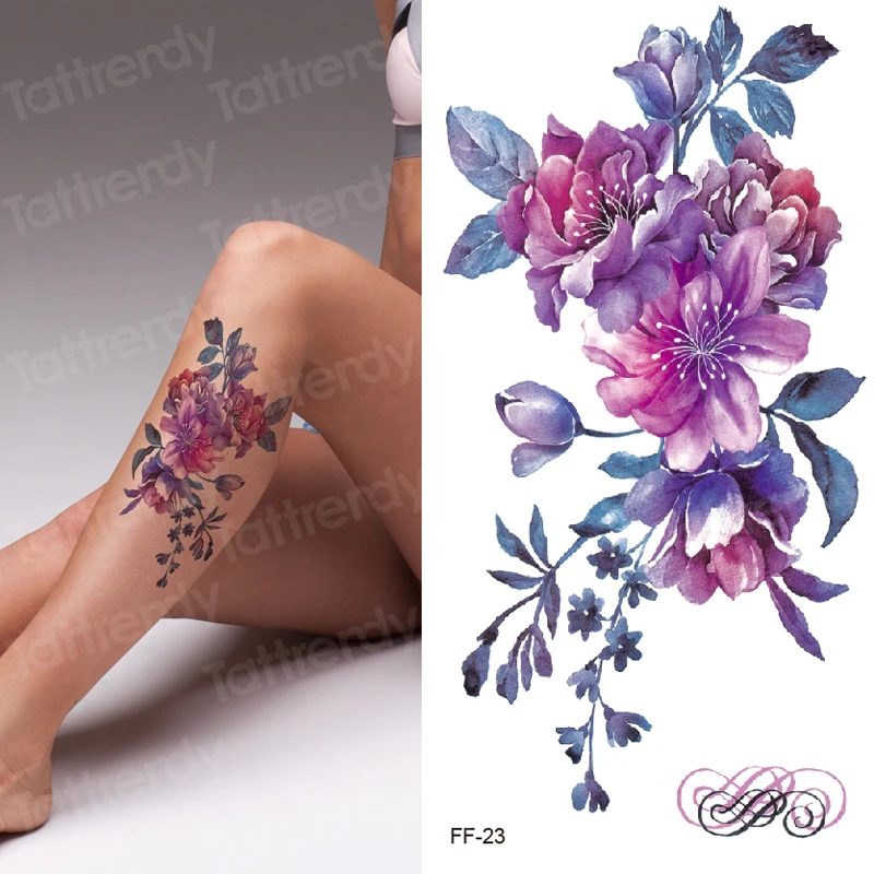 Водоустойчив Временна Татуировка Стикер Листа, Лилави цветя модел крак ръка татуировка на Прехвърляне на Вода боди арт фалшива татуировка на жената момичета 0