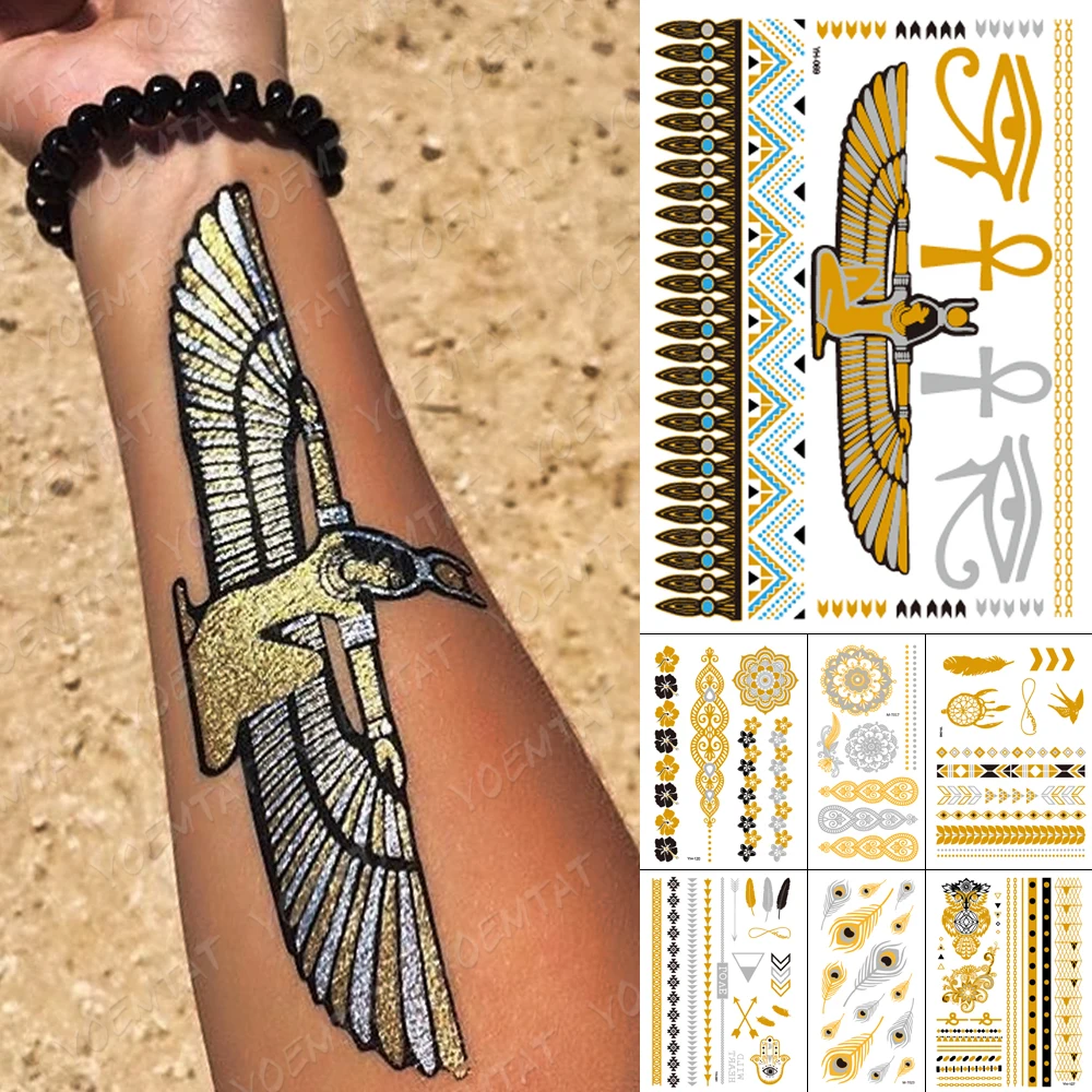 Водоустойчив Временна Татуировка Стикер Египет Богинята На Злато, Сребро Металик Флаш Татуировка Бохо Ръката На Фатима Бижута Блясък Боди Арт 0