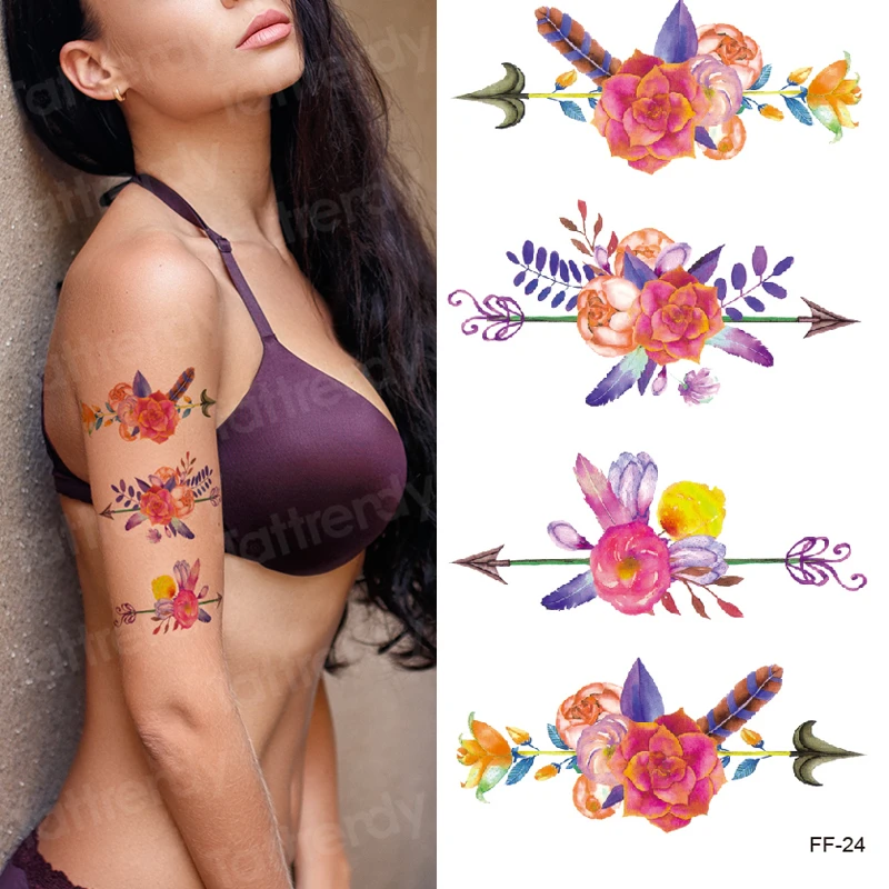 Водоустойчив Временна Татуировка Стикер Листа, Лилави цветя модел крак ръка татуировка на Прехвърляне на Вода боди арт фалшива татуировка на жената момичета 4