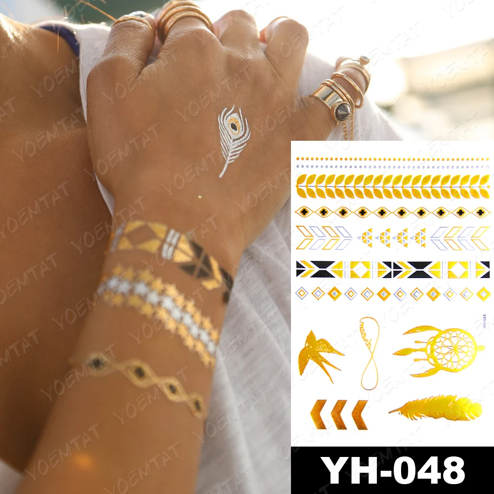 Водоустойчив Временна Татуировка Стикер Египет Богинята На Злато, Сребро Металик Флаш Татуировка Бохо Ръката На Фатима Бижута Блясък Боди Арт 4