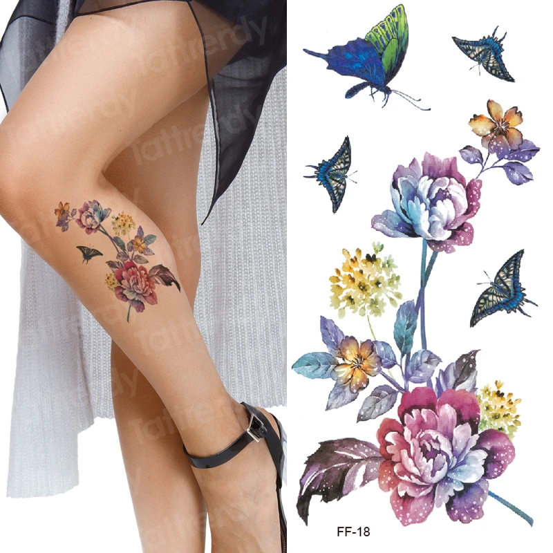 Водоустойчив Временна Татуировка Стикер Листа, Лилави цветя модел крак ръка татуировка на Прехвърляне на Вода боди арт фалшива татуировка на жената момичета 5