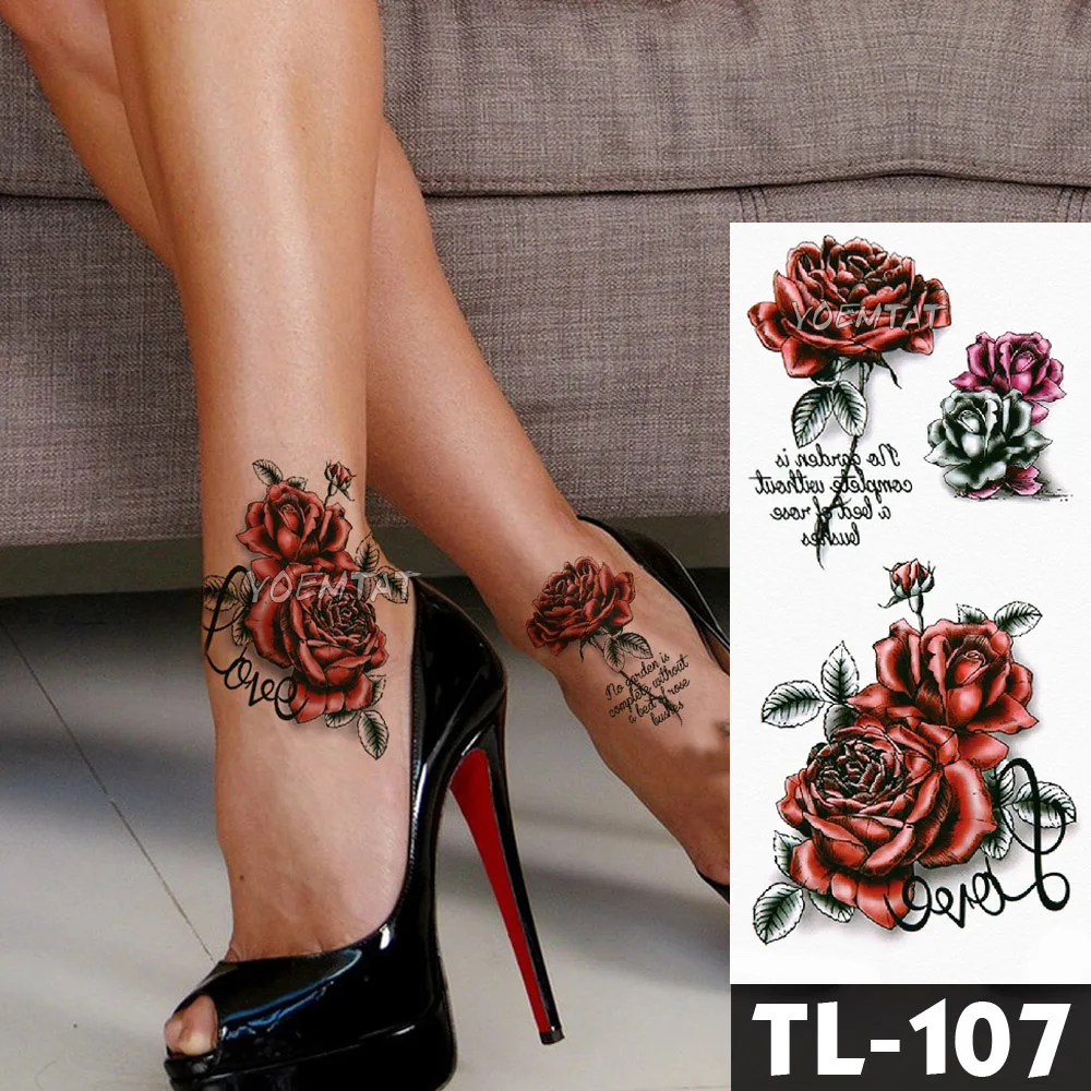 Водоустойчив Временни Татуировки Етикети Червена Роза Цветя Котка Вълк Лотос Флаш Татуировка На Жените И Мъжете Боди Арт Ръка Глезена Секси Фалшиви Татуировки
