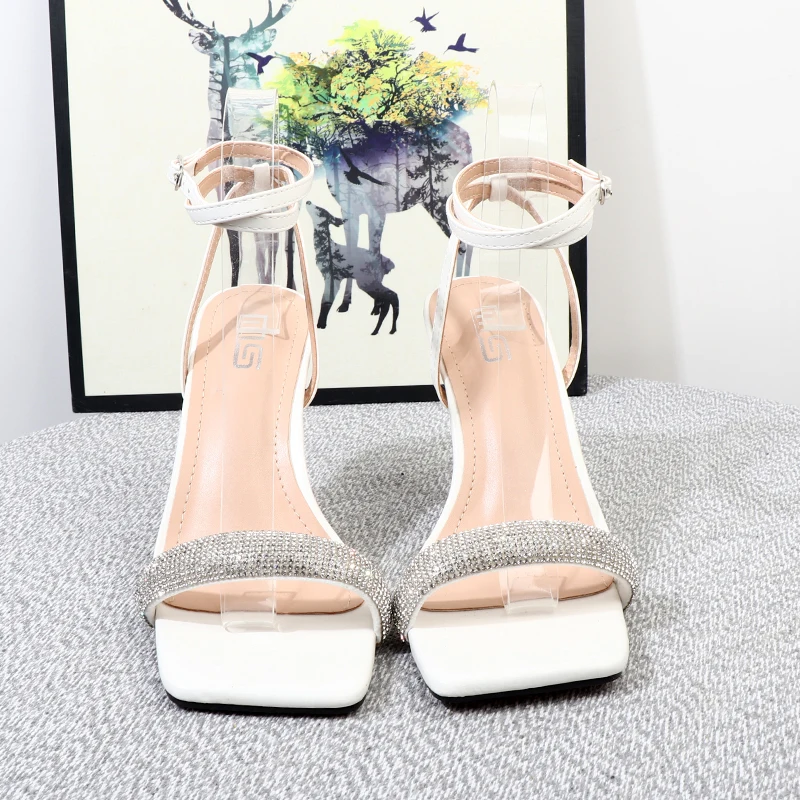 дамски сандали лятото на 2022 нов квадратен чорап с кристали банкетни Дамски обувки на тънък ток отвън на тънките токчета в стил Жокер пода елегантен 4