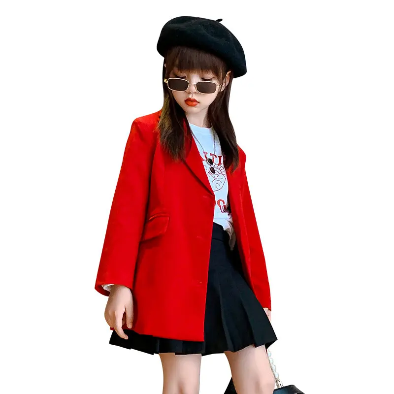 Детски костюм, Всекидневни Червен костюм с дълги ръкави, Блейзър, Връхни дрехи за Момичета, Модни вечерни пролетно-есенни блузи, Палта, детски яке от 5 до 14 години 0