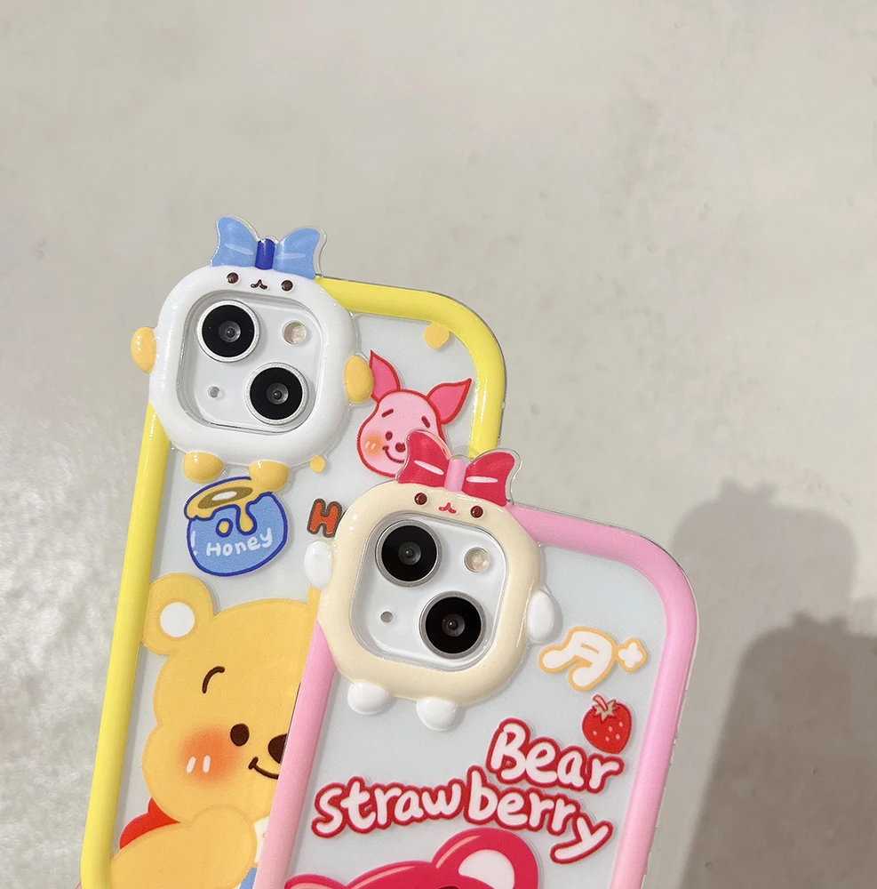 Дисни ягодово мечка Мечо Пух 3D лук Елф защита камера Калъф За Телефон За iPhone 11 12 13 Pro Max Прозрачен Калъф 4