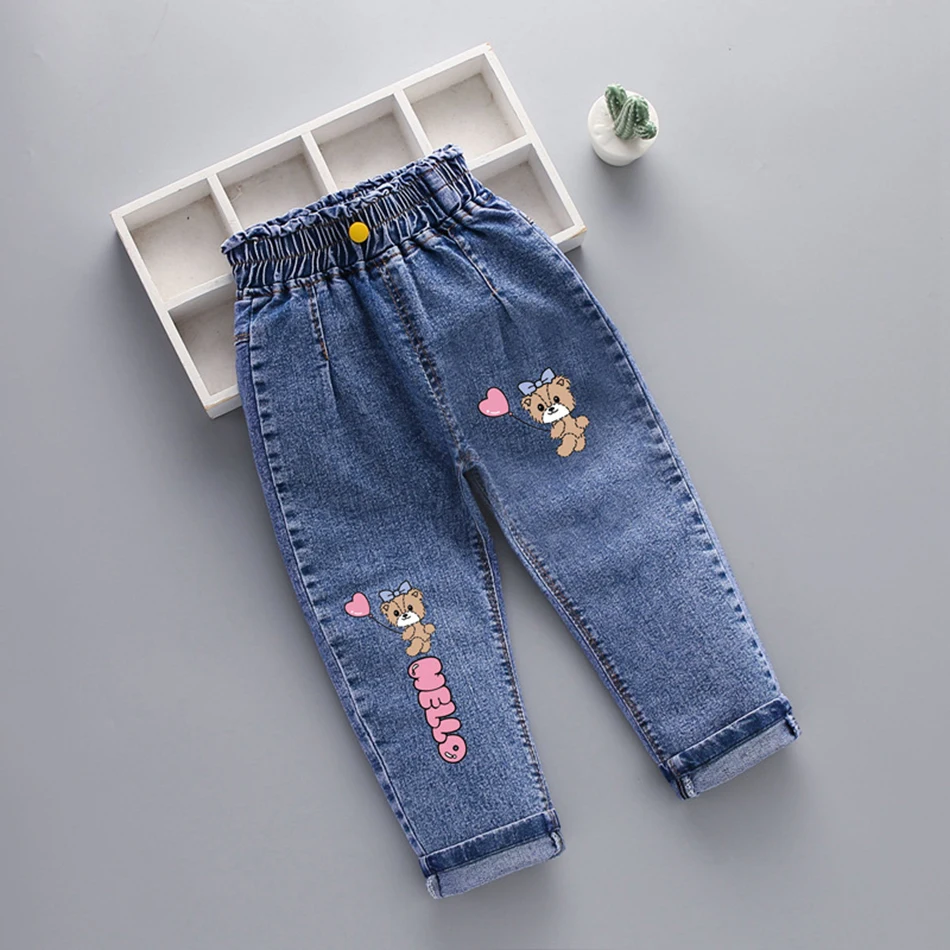 Дънкови Панталони с прав штанинами с ластик за малки момичета, Есента Дрехи за деца, Връхни облекла, Дънкови Панталони на 1-6 години 2