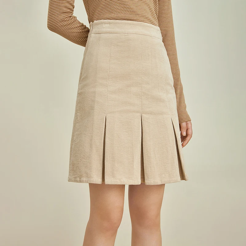 Женска пола INMAN, Есенно-зимна Елегантна минималистичная пола с висока Талия и Сгъване Подолом, бежови или кафяви дамски панталони Трапецовидна форма 1