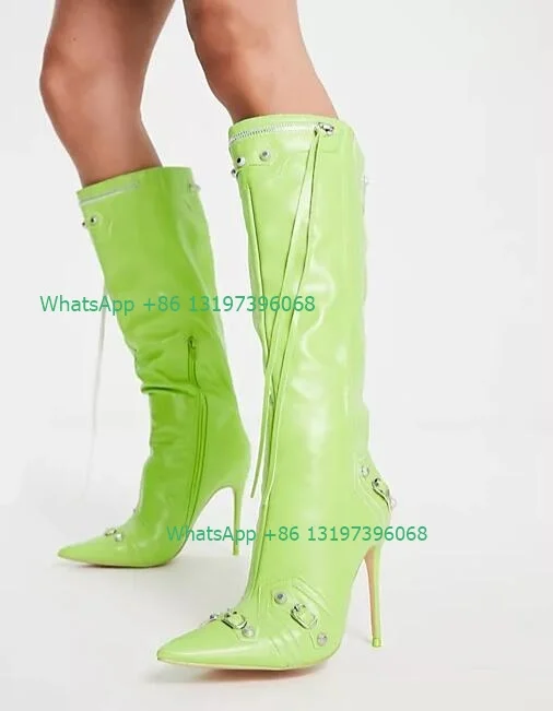 Женски розово-жълти ботуши до коляното с остри пръсти, дизайнерски ботуши с цип в стил пънк, ежедневни облекла, лятна обувки на висок ток, размер 1