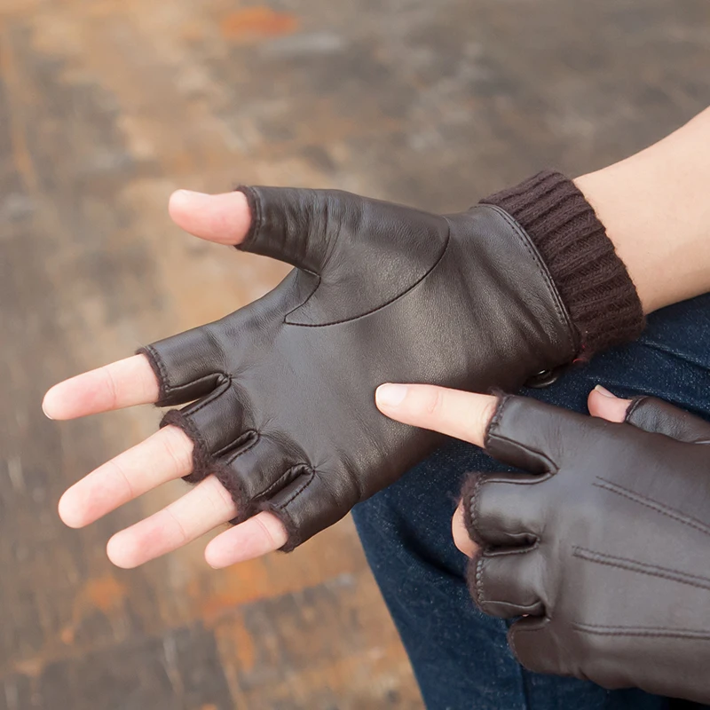 Зимни Кожени Ръкавици Улични Вълнени плетени калъф за Топли Ветроупорен Ръкавици Без Пръсти, Черни Висококачествени и Удобни Мъжки Ръкавици NR40 2