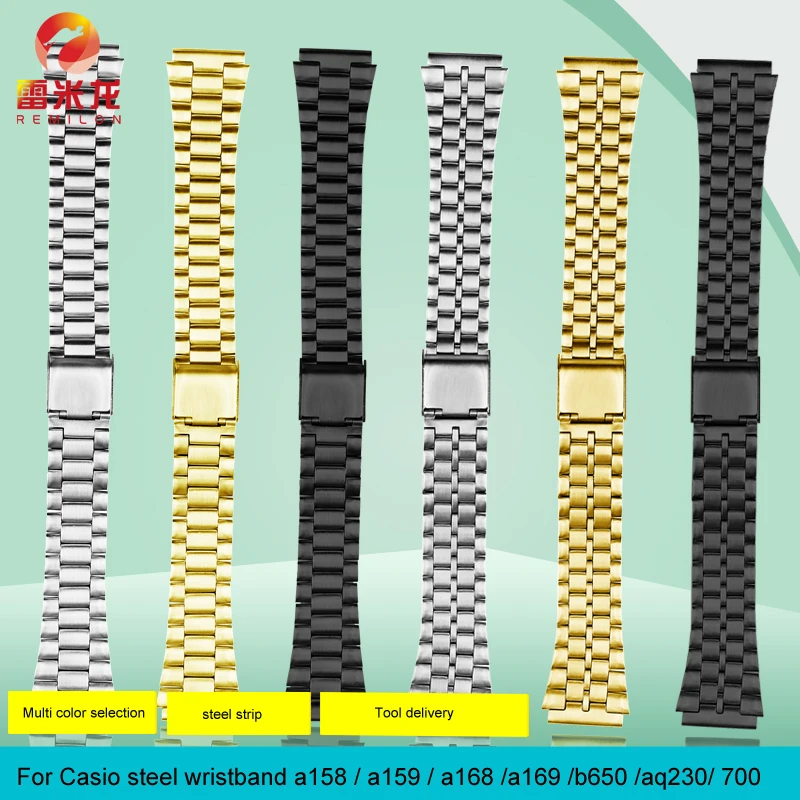 Каишка за часовник Casio верижка от неръждаема стомана A158/A159/A168/A169/B650/AQ230/700 малки златни часовници серия Гривна 18 мм