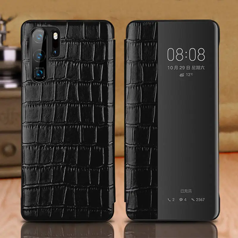 Калъф От естествена Кожа За Huawei P30 Pro Case Cover Пробуждане Гледката От Прозореца на Интелектуалния Etui на Корпуса За Huawei P30 Седалките Калъфи За Телефони