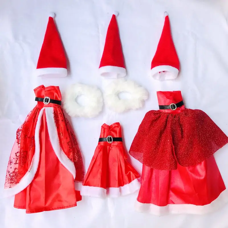 Коледно Облекло за кукли Барби, Аксесоари, 3 рокли + 3 червени обувки, Коледни Модни Детски Играчки за Момичета, 6 предмети/комплект 4