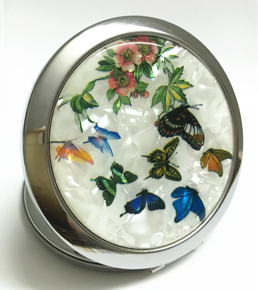 Компактно огледало за грим с пеперуди и цветя модел, Женски карманное автопортрет с 2 странични гънки, които се продават в опаковка по 1 парче. 2