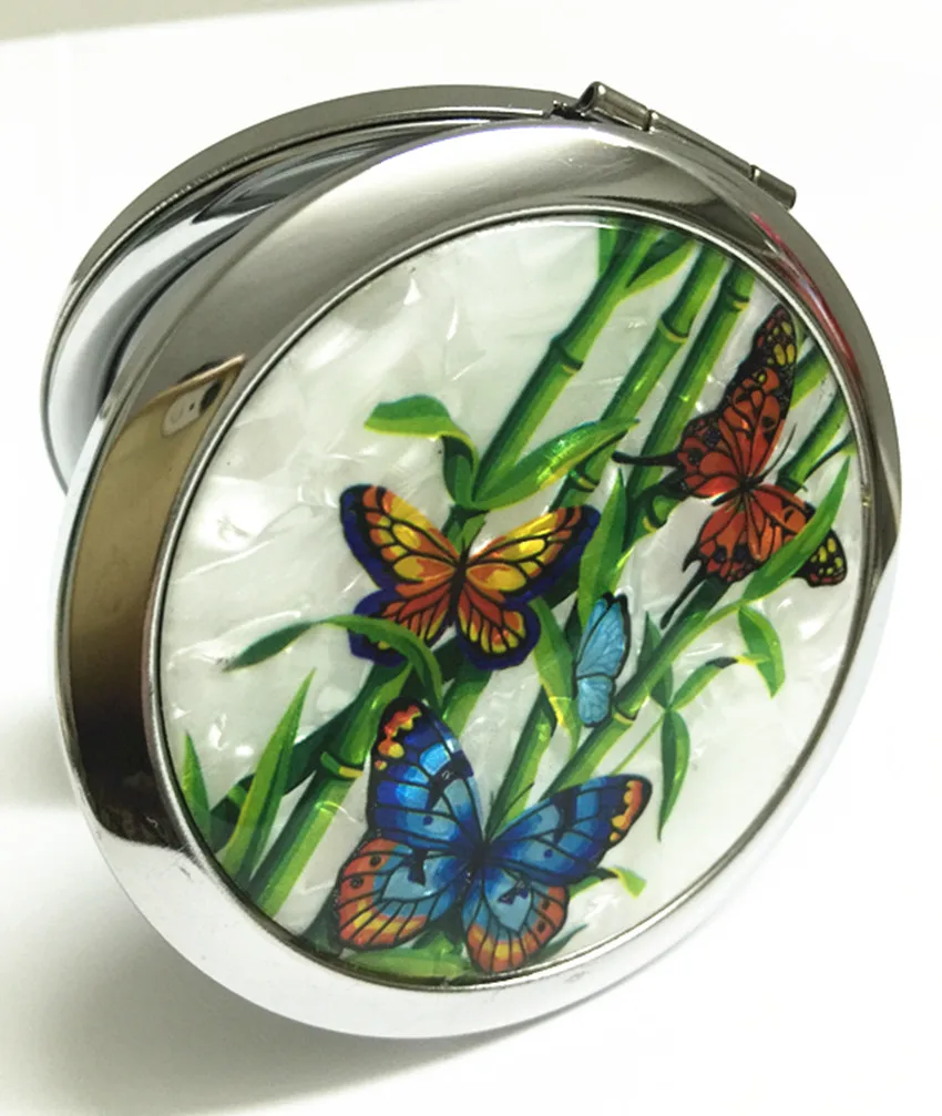 Компактно огледало за грим с пеперуди и цветя модел, Женски карманное автопортрет с 2 странични гънки, които се продават в опаковка по 1 парче. 3