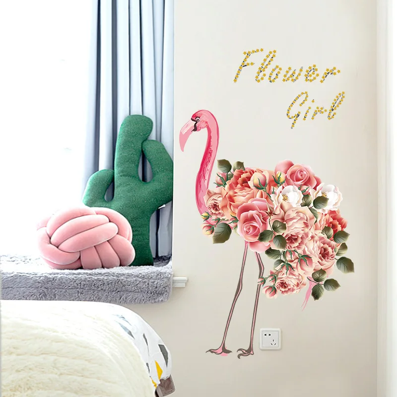 Красиви Птици Фламинго С Цветя Стикер На Стената За Декорация на Дома 3d Животни Стенни Картини на Изкуството Сам PVC Стикери 2