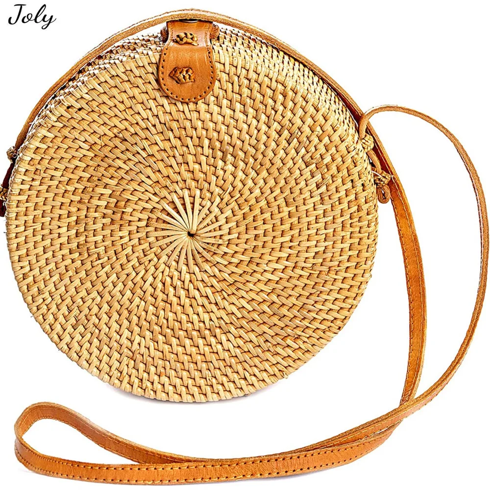 Кръгла женствена чанта от ратан - Сламени чанти от ратан ръчно - Плетени Чанта - Чанта в стил бохо - Кръгли плажни чанти през рамо от ратан