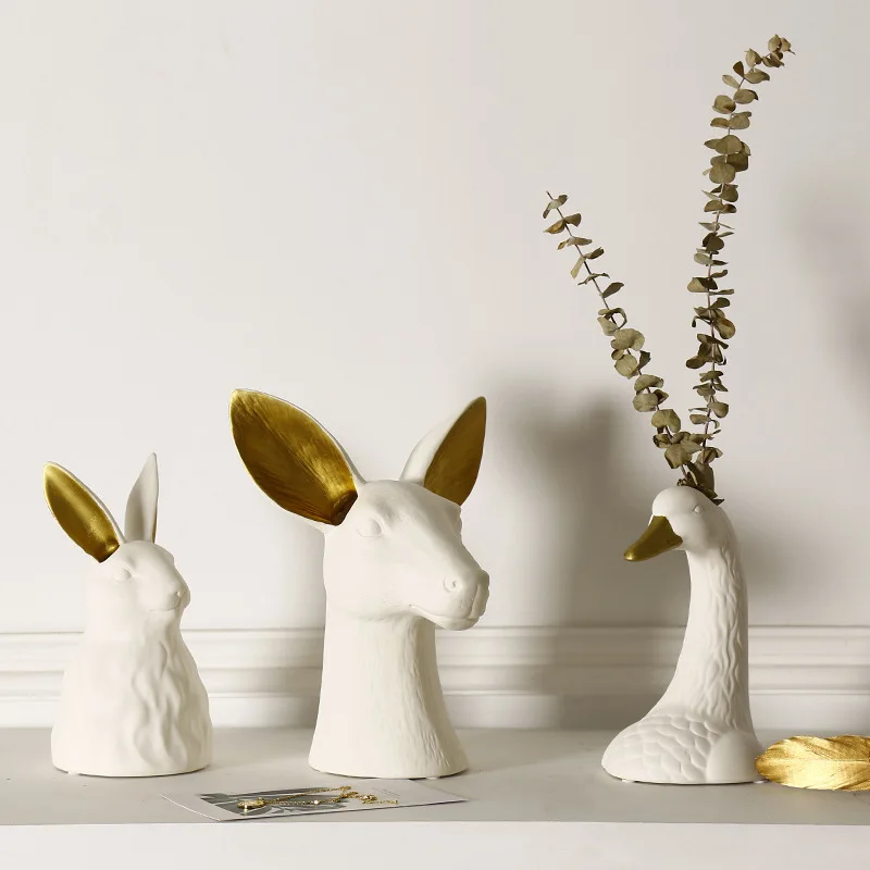 Лека луксозна керамична ваза с глава на зайче, Бели саксии с лебед, порцеланови цветни фигурки, гидропонные вази за сватби, декорация на дома 1