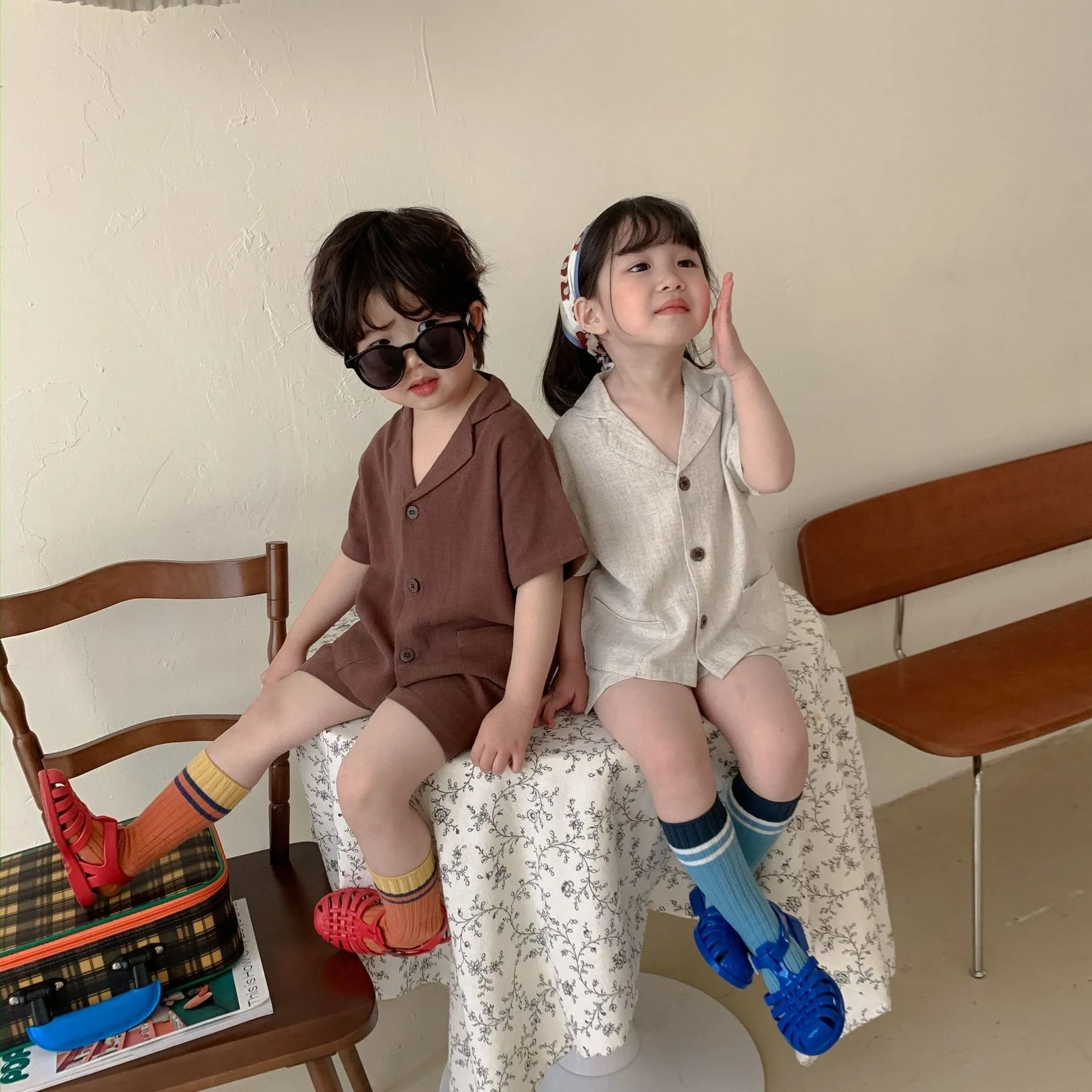 Лятна детска детски дрехи за момчета и момичета в корейски стил, памучни ленени Шорти с къс ръкав, комплекти, дрехи за малките момичета, Панталони, Облекло