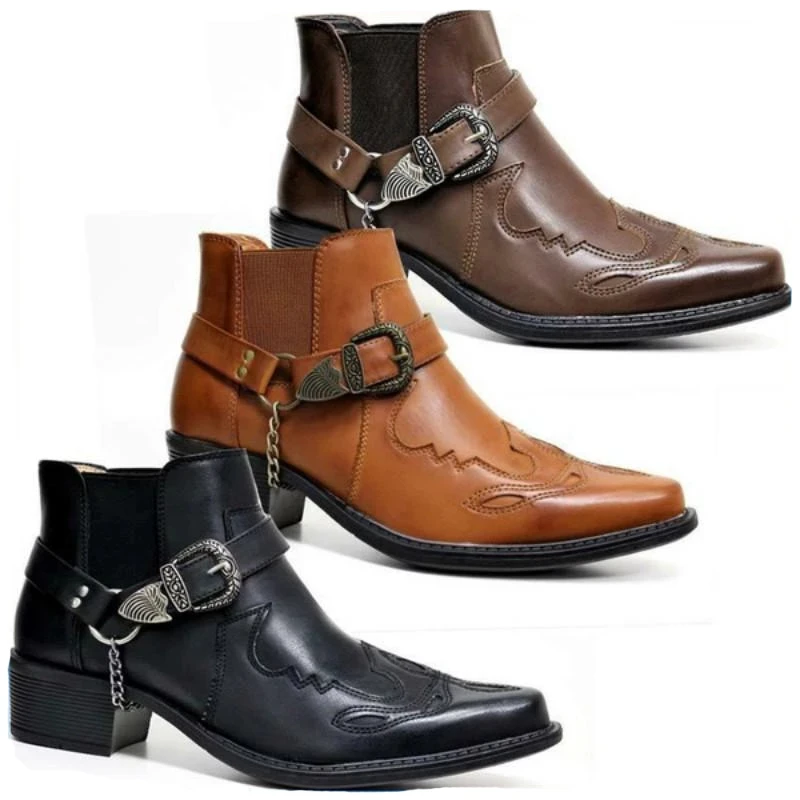 Мода 2023 г., мъжки Реколта Каубойски ботуши, Високи Кожени ботуши с верига и Обтегач, обувки в стил пънк, Байкерские обувки с остър бомбе, мъжки