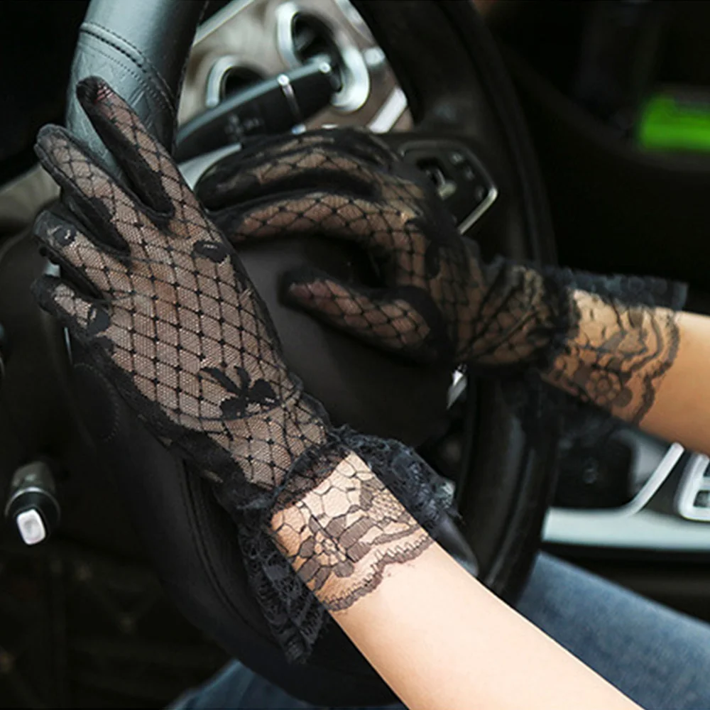 Модни Бели Черни Дантелени Ръкавици С Лък, Женски Прозрачни Мрежести Ръкавици За Момичета, Слънчеви Ръкавици С Пълна Пръст 1
