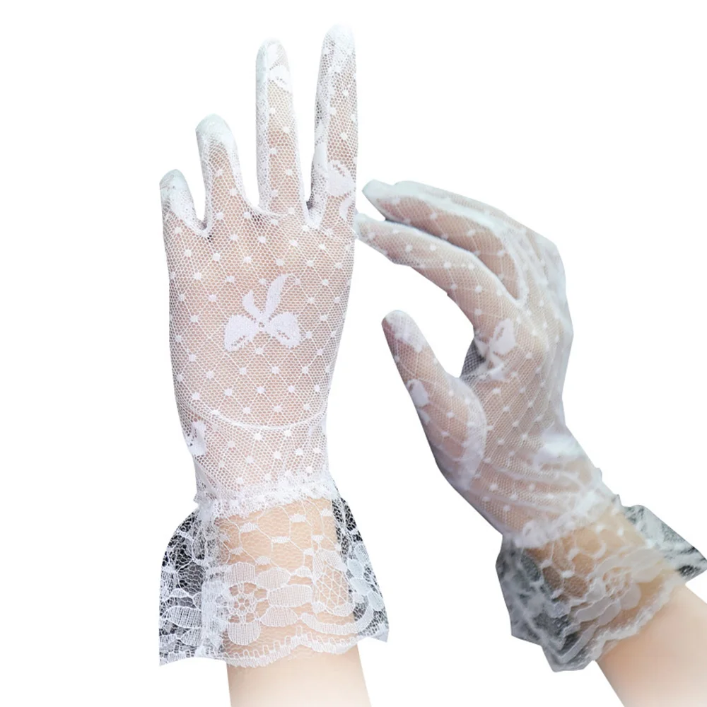Модни Бели Черни Дантелени Ръкавици С Лък, Женски Прозрачни Мрежести Ръкавици За Момичета, Слънчеви Ръкавици С Пълна Пръст 4