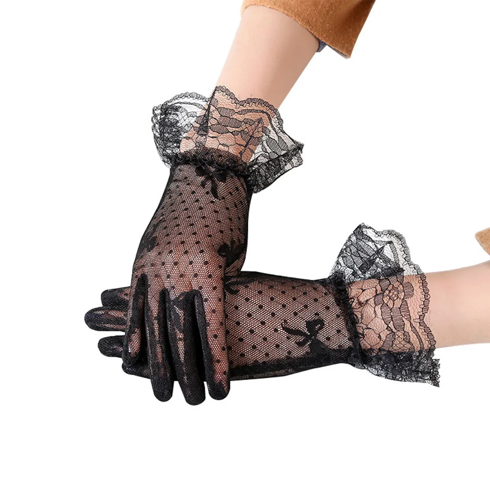 Модни Бели Черни Дантелени Ръкавици С Лък, Женски Прозрачни Мрежести Ръкавици За Момичета, Слънчеви Ръкавици С Пълна Пръст 5