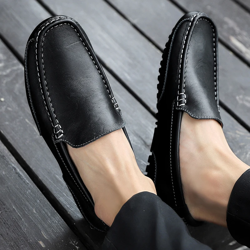 Мъжки ежедневни обувки от естествена кожа, Марка 2021, Италиански мъжки Лоферы, Дишащи Слипоны, Черни обувки за шофиране, по-Големи Размери 37-47 4