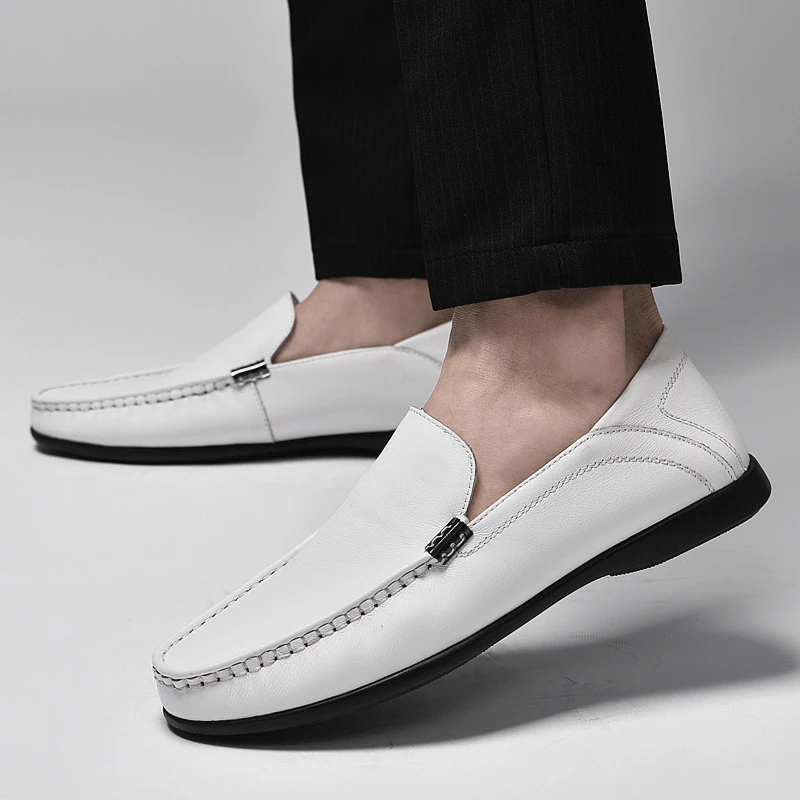 Мъжки летни бели лоферы без шнур, луксозна марка обувки, мъжки лесна бизнес обувки от естествена кожа, мъжки проста обувки с мека подметка