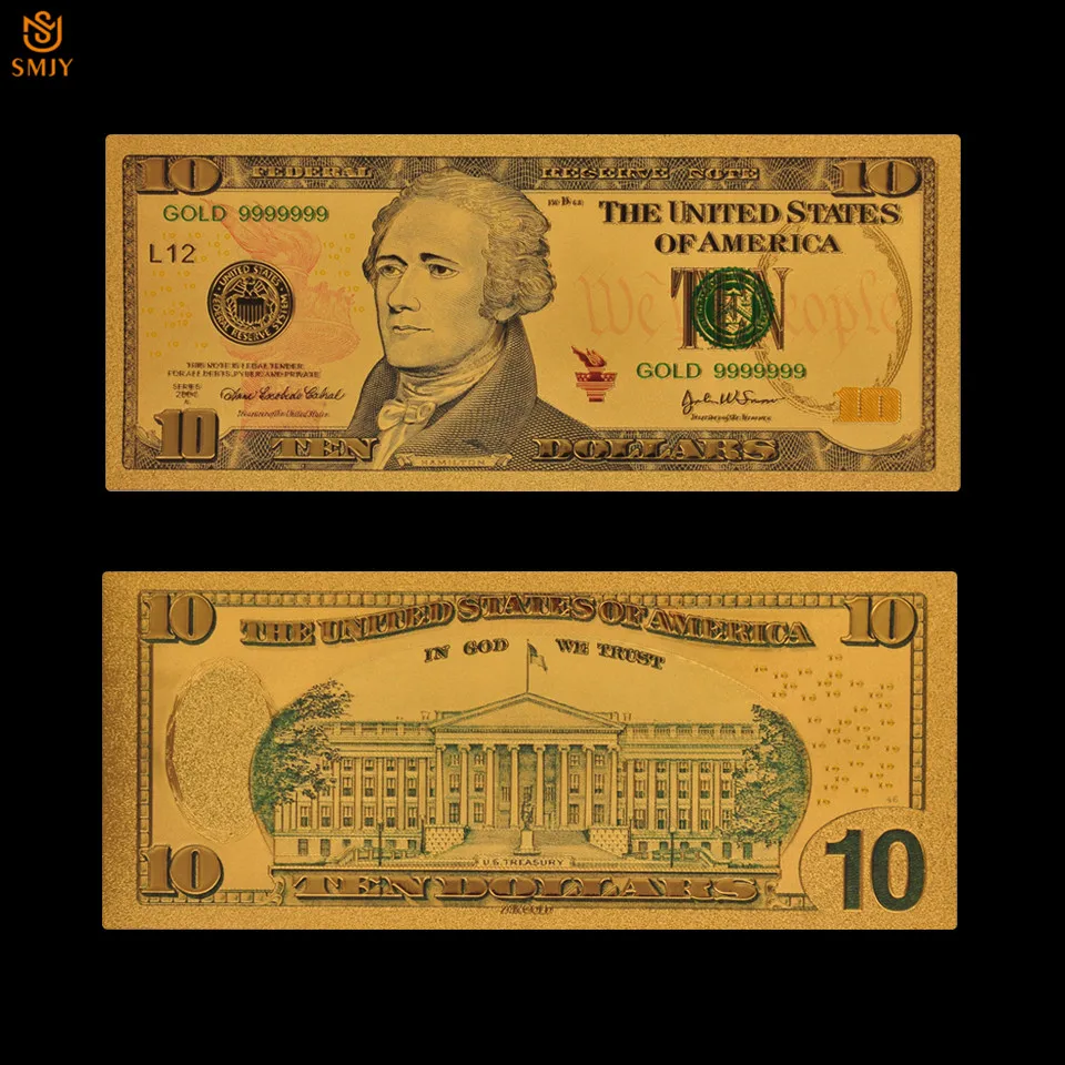 Най-добрата цена Златни Банкноти САЩ 10 Доларови Пари В 24-КАРАТОВО Златно покритие Банкноти Фалшиви Пари Отбрана Колекция 0