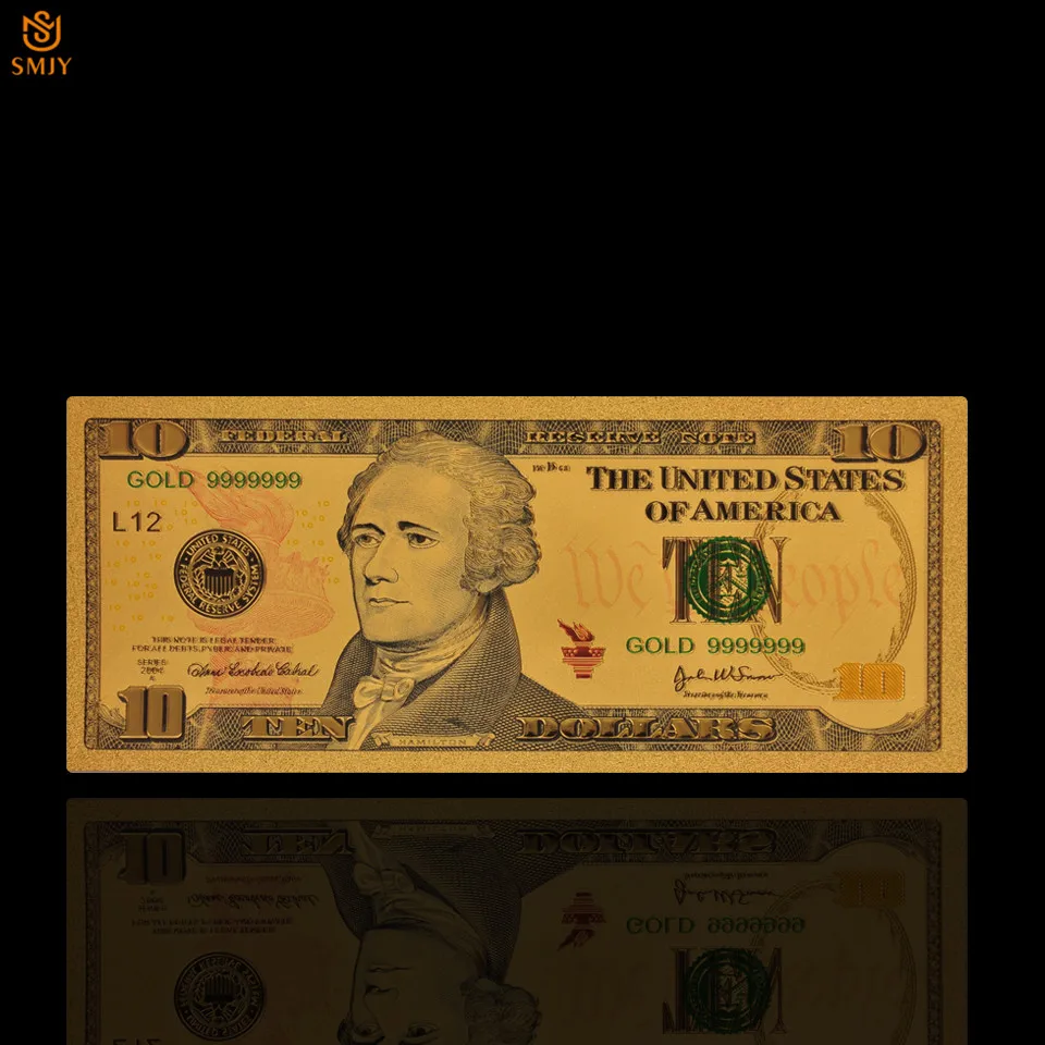 Най-добрата цена Златни Банкноти САЩ 10 Доларови Пари В 24-КАРАТОВО Златно покритие Банкноти Фалшиви Пари Отбрана Колекция 3