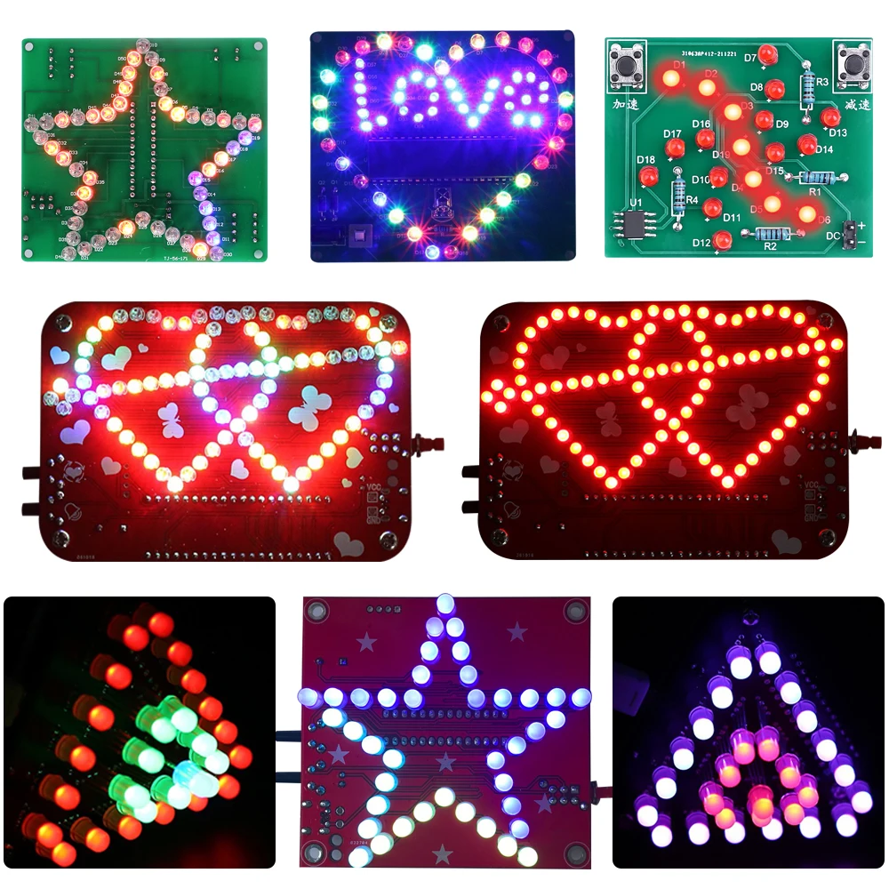 Направи си САМ Електронен Комплект Сърцето Триъгълник във Формата На Звезда Цветни Led Мигаща Светлина Музикален Спектър Led Дисплей Практика Запояване 0