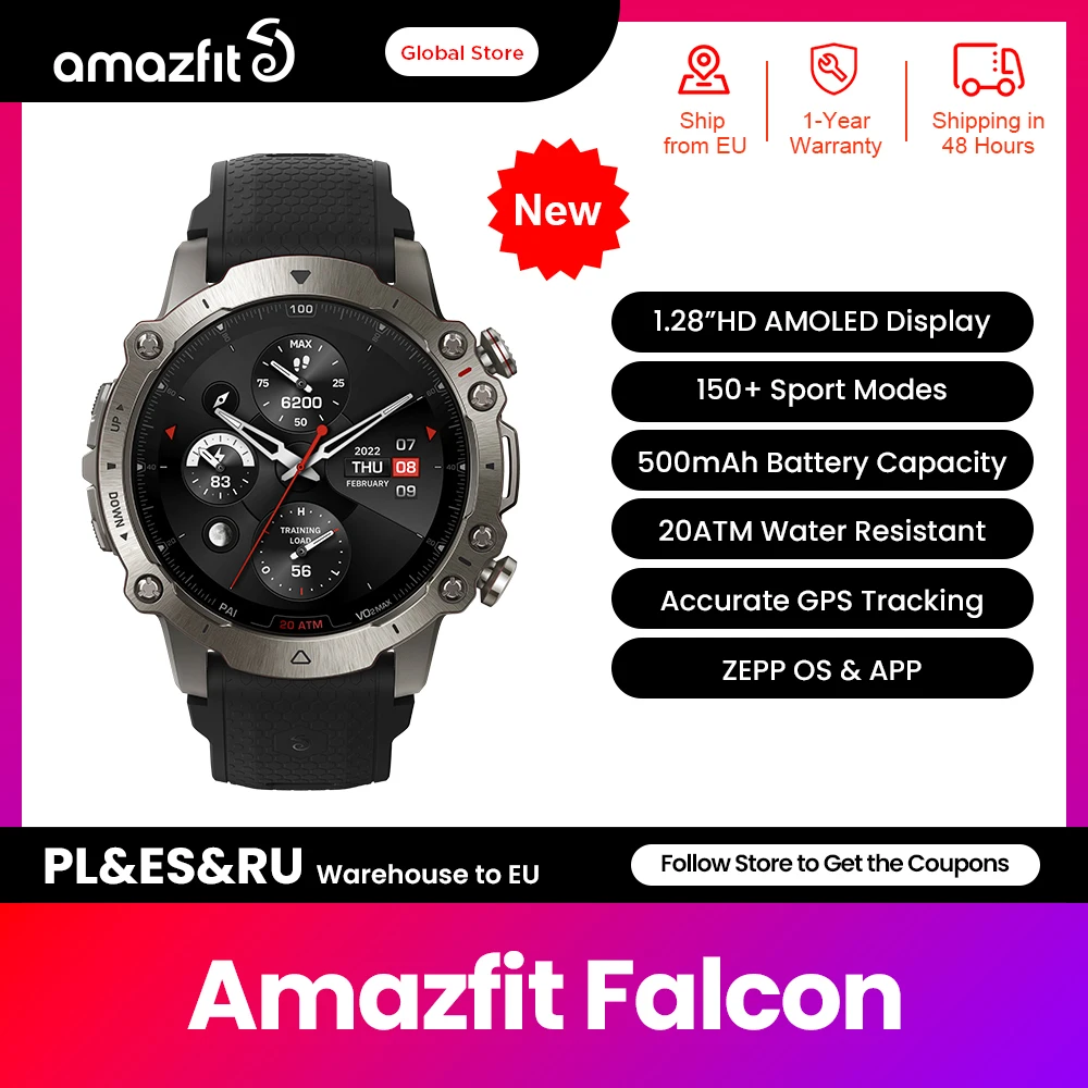 Нов продукт Amazfit Falcon Военни умни часовници за мъже, дву-бандова и 6 сателитни позициониране, Мультиспортивные умен часовник с GPS
