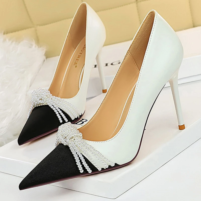 Обувки BIGTREE/Дамски обувки-лодка с Перли и Лък, Луксозни модни вечерни обувки на Висок ток, дамски обувки на висок ток, по-Големи Размери 43 0