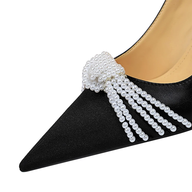 Обувки BIGTREE/Дамски обувки-лодка с Перли и Лък, Луксозни модни вечерни обувки на Висок ток, дамски обувки на висок ток, по-Големи Размери 43 4