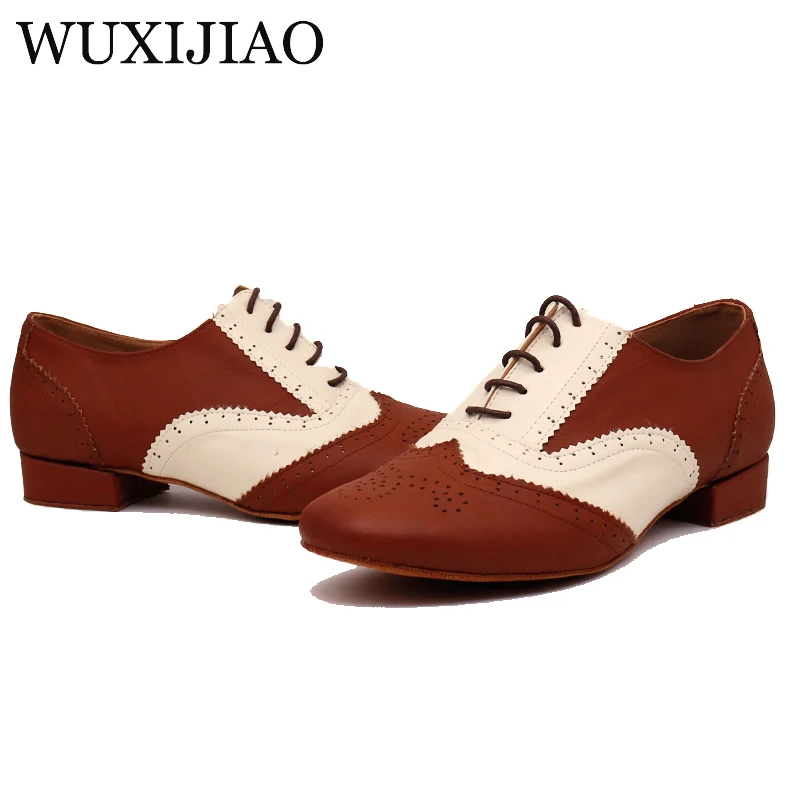 Обувки за латино танци WUXIJIAO, мъжки кожени обувки за танци балната зала, мъжки националната вятърна обувки с мека подметка, ниска 2,5 см 3