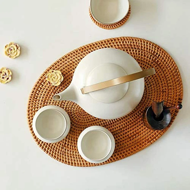 Овални салфетка от ратан, Ръчно изработени от естествен ратан, Аксесоари за чайна церемония, подходяща за трапезария, кухня, хол 1