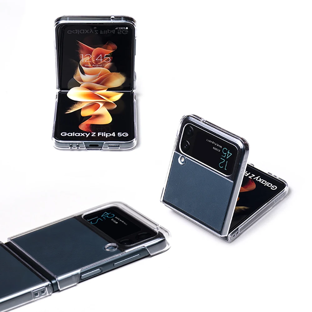 Оригинален SAMSUNG Galaxy Z Flip 4 5G ултра тънък Прозрачен Калъф Луксозен Твърд PC устойчив на удари Околовръстен Калъф-Поставка За Samsung Z Flip4 1