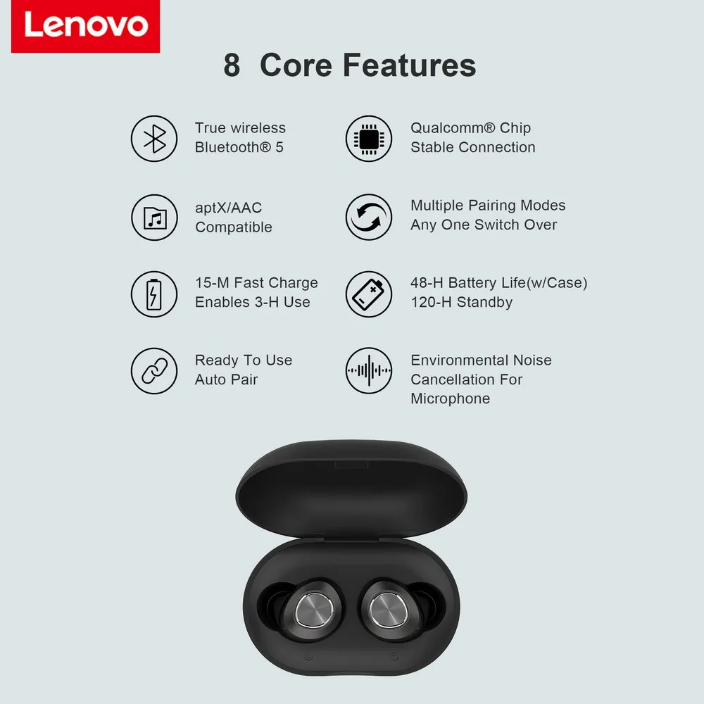 Оригинални безжични слушалки LENOVO HT10 TWS, втулки Bluetooth 5 Qualcom aptX, 120 часа в режим на готовност с Bluetooth слушалки с микрофон 2