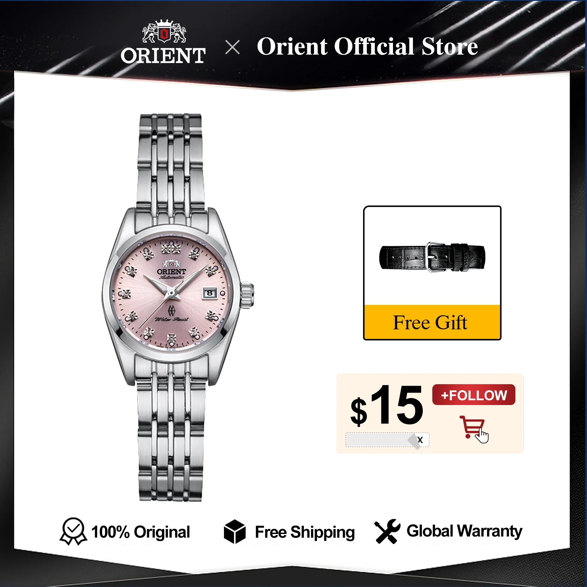 Оригинални дамски механичен часовник Orient, японски бизнес Ръчен часовник с прозрачен заден капак, инкрустиран с кристали LUXURI 0